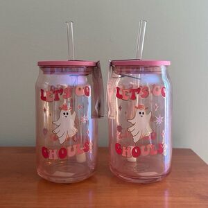 2 LET’S GO GHOULS COWGIRL HALLOWEEN PINK IRIDESCENT CUPS WITH STRAWS
